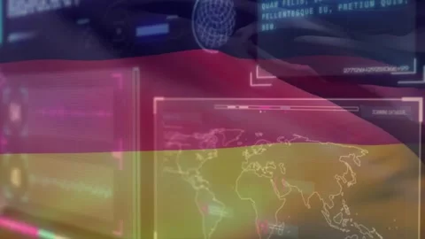 Frame1 starting translucent black red gold flag rippling over map UI revealing Stock Footage 320650602