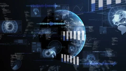 On frame2, rotating 3D Earth with terminator, HUD overlays emerging, layering, Stock Footage 328685442