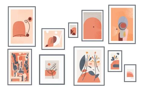 Framed abstract art collection modern decor gallery wall arrangement various イラスト素材