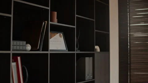 Framed Academic Degree Placed on Bookshelf in Office Stock Footage 334723217