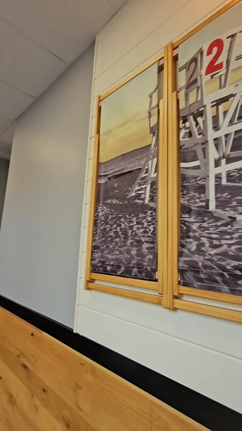 Framed Artwork On Hallway Wall In Modern Cafe Interior Stock Footage 341864427