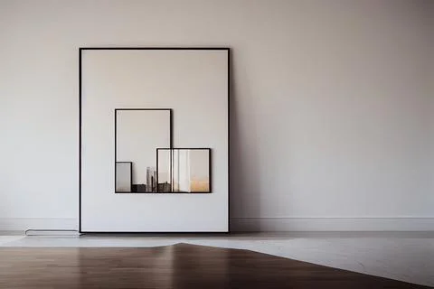 Framed artwork mockup standing on the floor against white wall, 3d illustration Illustrazione stock