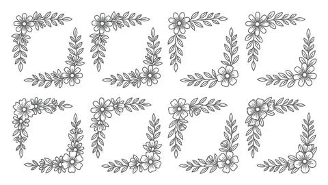 Framed botanical corner designs with symmetrical arrangement of flowers and.. イラスト素材