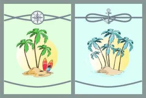 Framed Color Vector Illustrations with Palm Trees Illustrazione stock