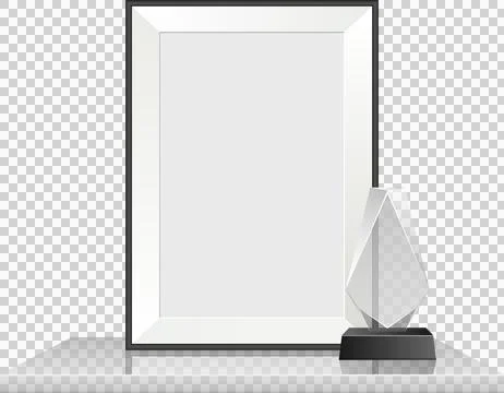 A framed document stands near a clear trophy sitting on a shelf with a neut.. Stock Illustration