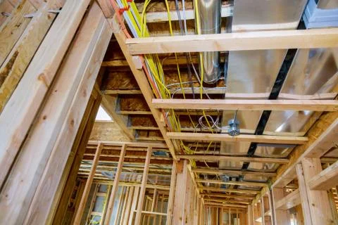 Framed residential home with basic rough pipe system of heating completed on  스톡 사진