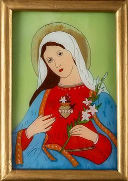 Framed Reverse Glass Painting of the Immaculate Heart of Mary Stock Illustration