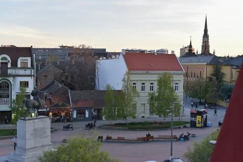 Framed Sunset View of Republic Square Novi Sad 库存照片