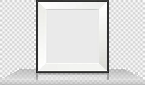 A framed white canvas with a dark gray border sits on a reflective white sh.. Stock Illustration