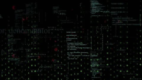 Frames advancing, binary streams densifying and highlighting code panes in tech 库存影片 331125255
