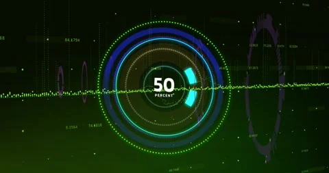 Frames advancing central HUD increasing percent to 98, rings rotating arcs Stock Footage 328656884