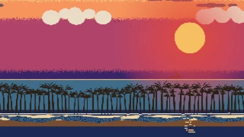 Frames advancing, pixel palms shore at coast sunset showing clouds, pulsing sun Stock Footage 337885918