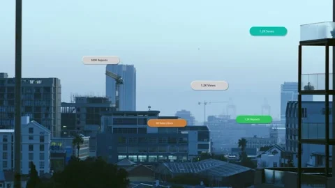 Frames advancing, skyline receiving floating bubbles and numeric tags, showing Stock Footage 333059501