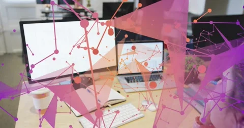 Frames advancing, woman focusing at tech desk, animated nodes layering screens Stock Footage 331832798