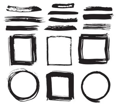 Frames and Brush strokes, grunge textured hand drawn elements set, vector ill Illustrazione stock