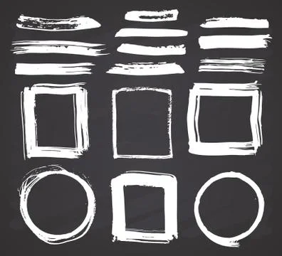 Frames and Brush strokes, grunge textured hand drawn elements set, vector ill Illustrazione stock