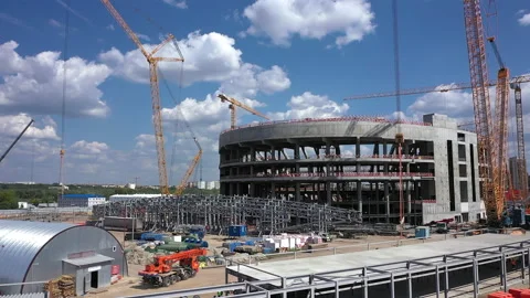 Frames and building materials at arena construction site Stock Footage 201449108