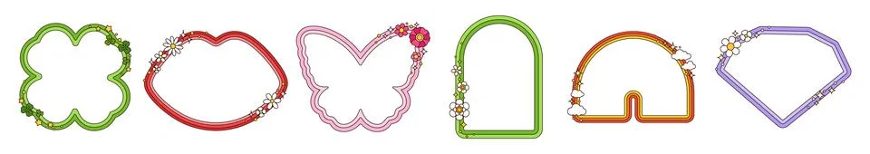 Frames and groovy psychedelic hippie retro borders Stock Illustration