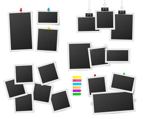 Frames and pins. Photos frame collage, sticker pins and tapes. Photograph Illustrazione stock