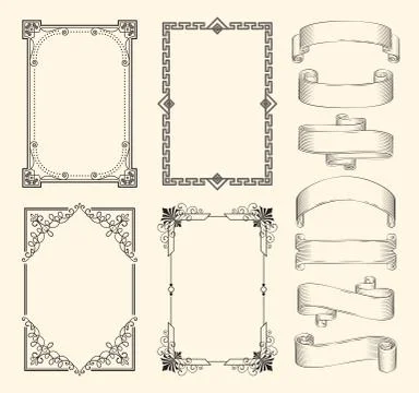 Frames and ribbons vector monochrome sketch set Illustrazione stock