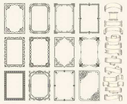Frames and ribbons vector monochrome sketch set 스톡 일러스트