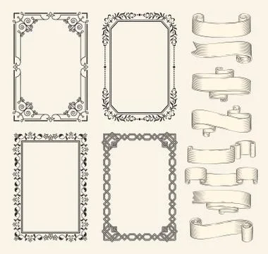 Frames and ribbons vector monochrome sketch set Stock Illustration