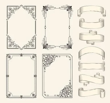 Frames and ribbons vector monochrome sketch set Illustrazione stock