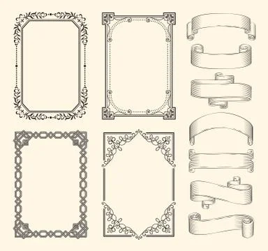 Frames and ribbons vector monochrome sketch set Stock Illustration