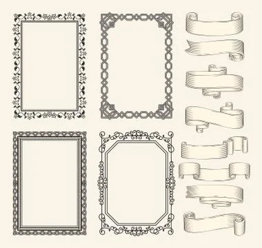 Frames and ribbons vector monochrome sketch set Stock Illustration