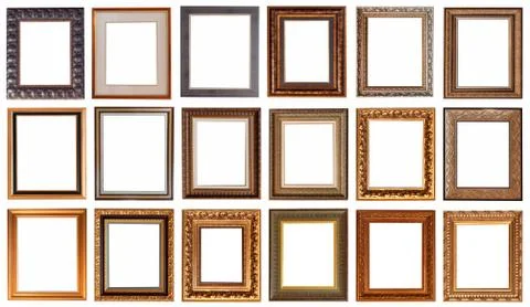 Frames baguettes gold silver set isolated on white background pattern. 스톡 사진