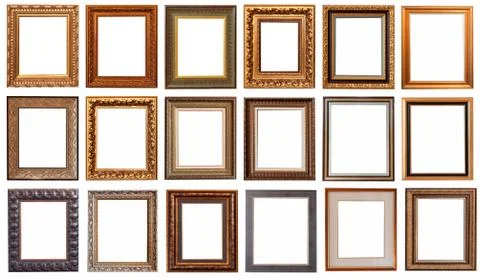 Frames baguettes gold silver set isolated on white background pattern. 스톡 사진