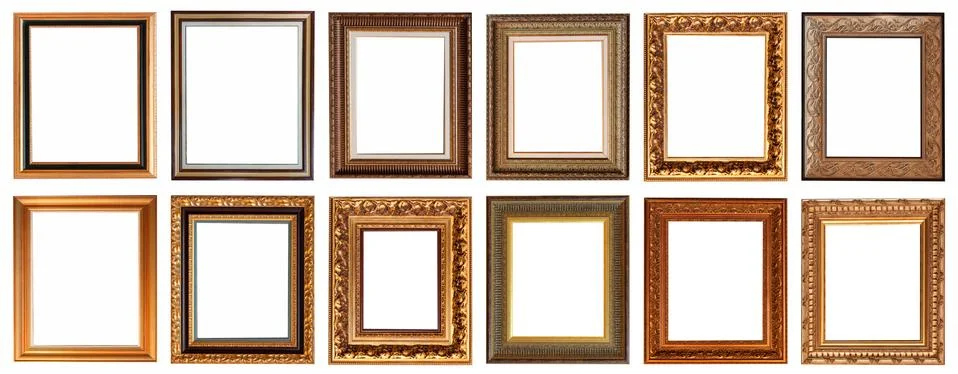 Frames baguettes gold silver set isolated on white background pattern. 스톡 사진