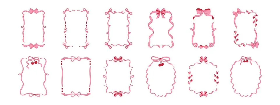 Frames with bow and ribbons. Wavy borders with bows. Coquette style. Hand d.. Stock Illustration