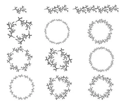 Frames, branches of spruce tree in hand drawn style on white background. Se.. Illustrazione stock