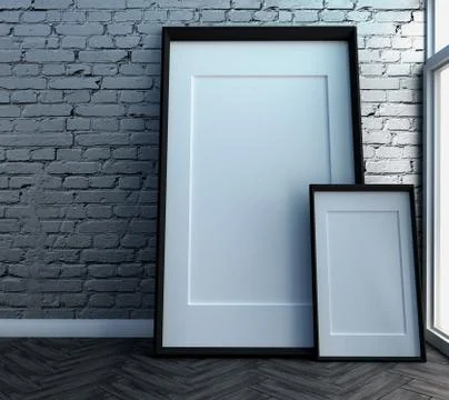 Frames on brick wall and wooden wooden floor. 3D rendering 스톡 일러스트