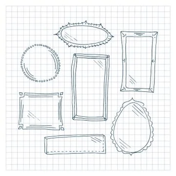 Frames. Collection of simple doodle frames and mirrors on checkered background Stock Illustration