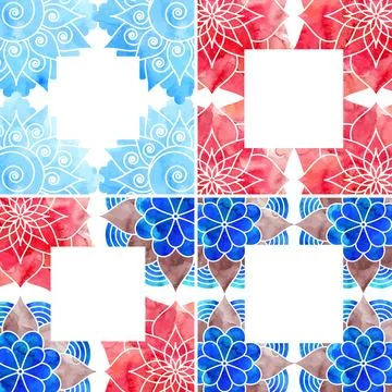 Frames for the cover decorated with blue and red watercolor pattern mandala Stock Illustration