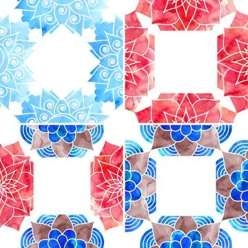 Frames for the cover decorated with blue and red watercolor pattern mandala イラスト素材