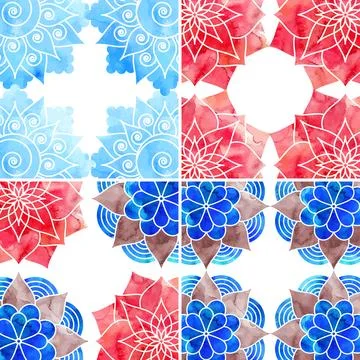 Frames for the cover decorated with blue and red watercolor pattern mandala Stock Illustration