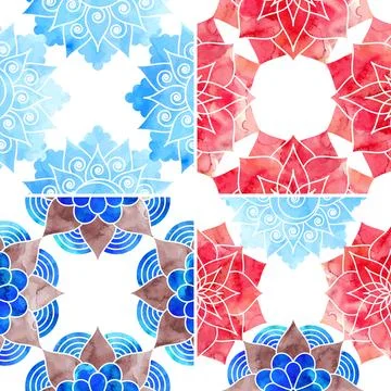 Frames for the cover decorated with blue and red watercolor pattern mandala イラスト素材