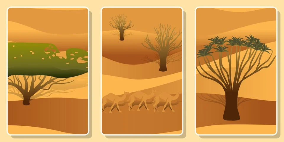 Frames with desert landscape, dunes, trees, camel caravan Ilustração Stock