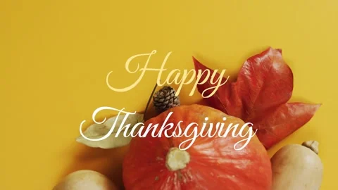 Frames displaying pumpkin with gourds leaf pine cone and Happy Thanksgiving text Video stock 318115317