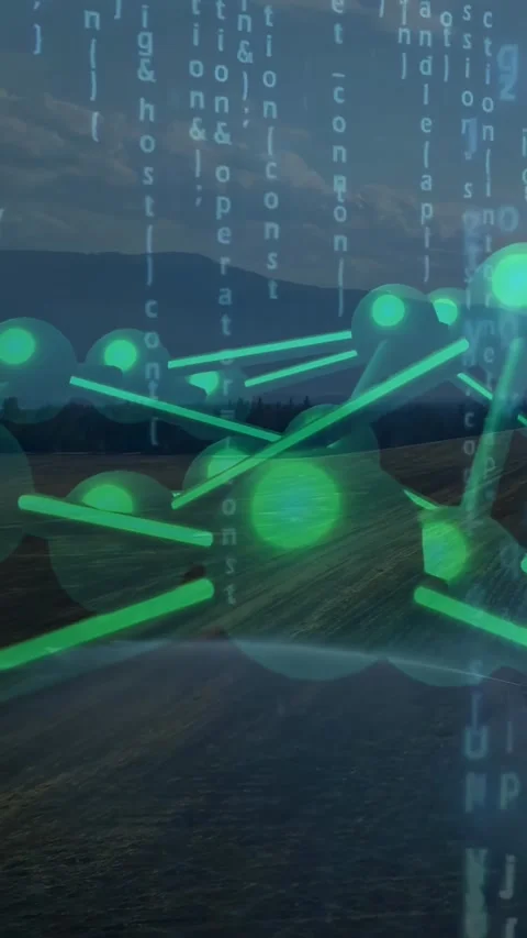 Frames driving neon node-net rotating over field revealing rods and code columns Stock Footage 330260559