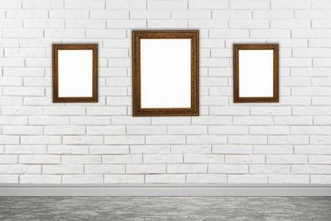 Frames with empty canvases on brick wall in modern art gallery. Space for des Stock Photos