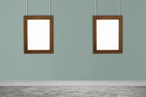 Frames with empty canvases on grey wall in modern art gallery. Space for desi Stock Photos