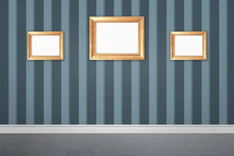Frames with empty canvases on wall in modern art gallery. Space for design Stock Photos