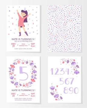 Frames with flowers, numbers and happy girl for greeting cards. To birthday Stock Illustration