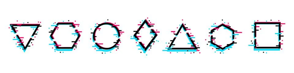 Frames of geometric shapes with glitch effect. Modern trendy design elements. Stock Illustration