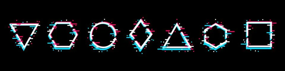 Frames of geometric shapes with glitch effect. Modern trendy design elements. Stock Illustration