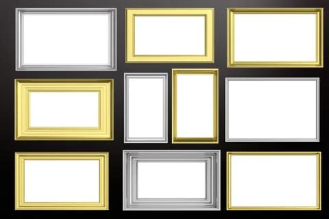 Frames golden and silver isolated on black background with white copy space f Illustrazione stock